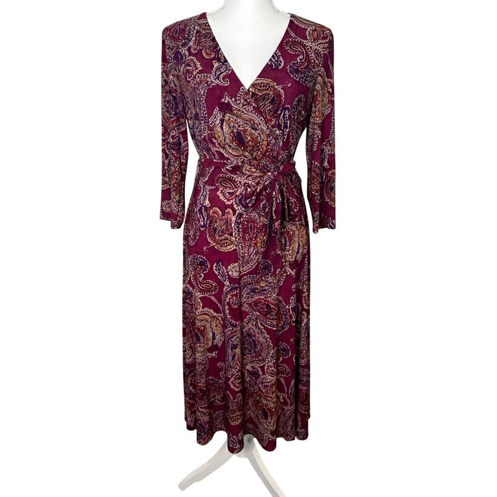 Lauren Ralph Lauren burgundy paisley 3/4 sleeve surplice jersey dress  tie 6